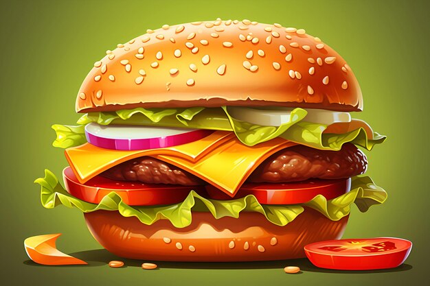 Foto hamburger met kaas, ui, tomaten en sla illustratie