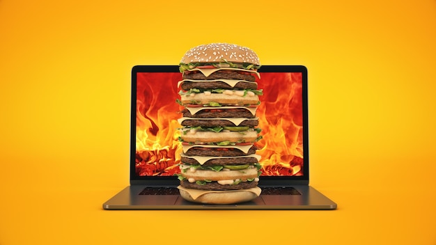 hamburger met laptop 3D-rendering