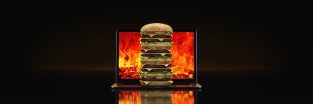 hamburger met laptop. 3D-weergave