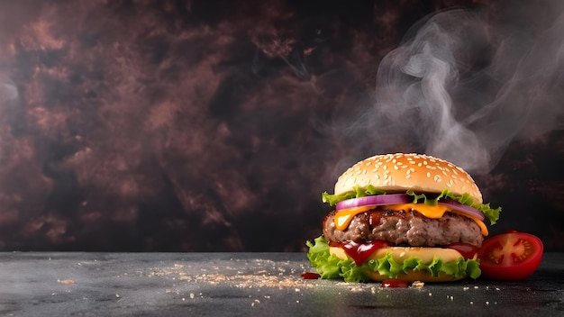 Foto hamburger met rook met rundvlees tomaten sla kaas zwarte achtergrond met plaats voor uw tekst