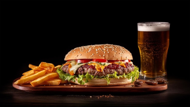 Hamburger met runderkoteletten tomaten kaas sla en uien bier en friet Gegenereerde AI