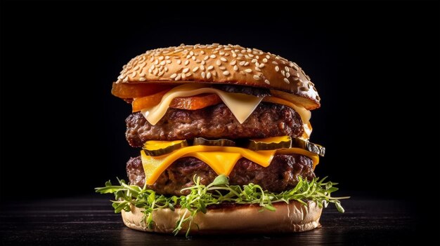 Hamburger met runderkoteletten, tomaten, kaas, sla en uien op zwarte achtergrond Gegenereerde AI