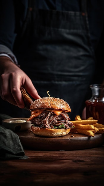 hamburger met rundvlees en kaas op hout en geïsoleerde zwarte achtergrond Generatieve AI