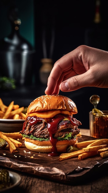 hamburger met rundvlees en kaas op hout en geïsoleerde zwarte achtergrond Generatieve AI