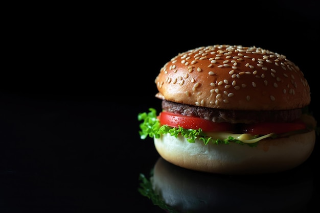 Hamburger met rundvlees en verse groenten op donkere achtergrond
