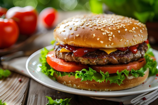 Foto hamburger met rundvlees, kaas en groenten op tafel.