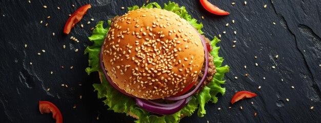 Hamburger met sla en tomaten op zwart oppervlak