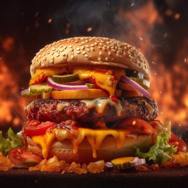 Hamburger met spattende ketchup geïsoleerd op zwarte achtergrond