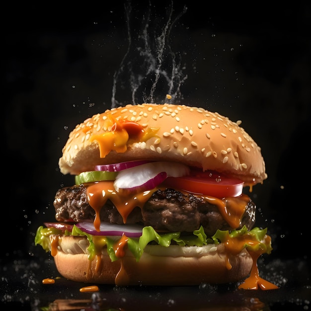 Hamburger met spek en kaas op een zwarte achtergrond met rook