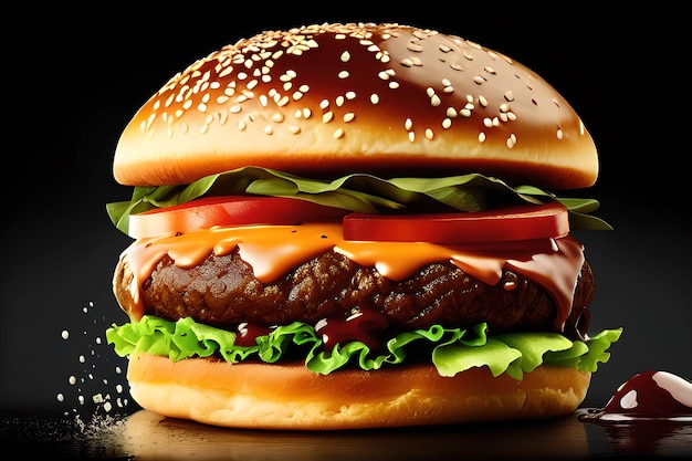 hamburger met spetterende ketchup geïsoleerd op zwarte achtergrond