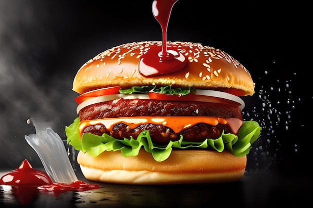 hamburger met spetterende ketchup geïsoleerd op zwarte achtergrond