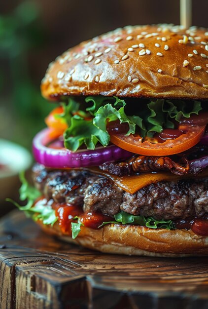 Hamburger met vlees en groenten op een houten plank