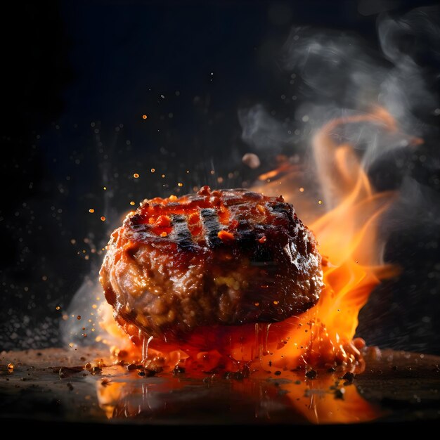 Hamburger met vliegende ingrediënten op een zwarte achtergrond Het concept van fastfood