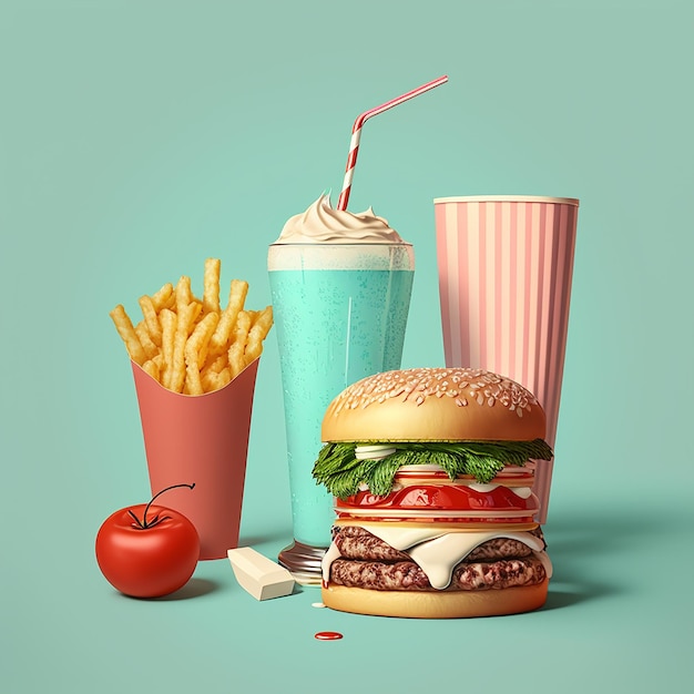 A hamburger and a milkshake are on a blue background.