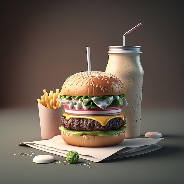 hamburger milshake and bag of french fries