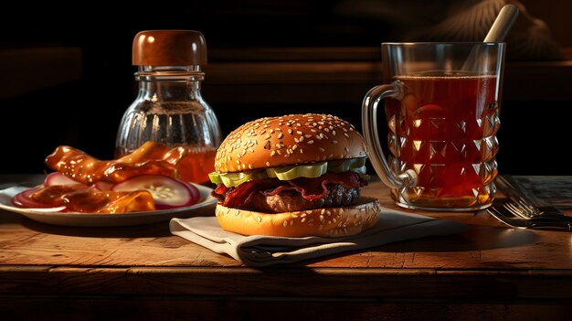 Photo a hamburger and a mug of beer sit on a table.