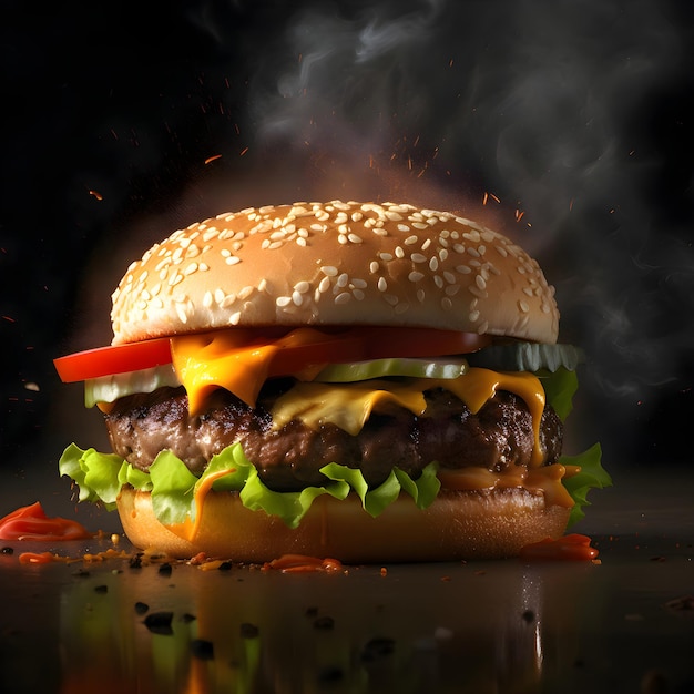 Hamburger op een houten bord met een vuurtje op de achtergrond
