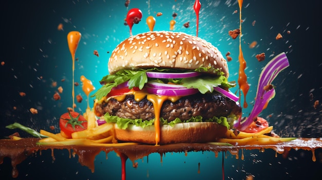 Foto hamburger op een kleurrijke pop achtergrond