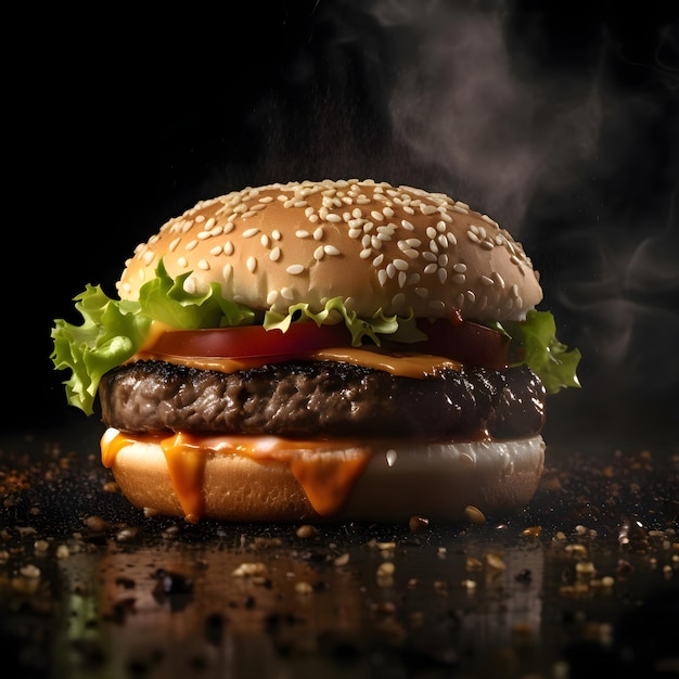 Hamburger op een zwarte achtergrond met vlammen en rook Close-up