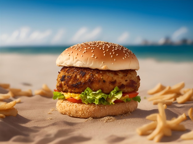 Hamburger op het zand met een door AI gegenereerde strandinstelling