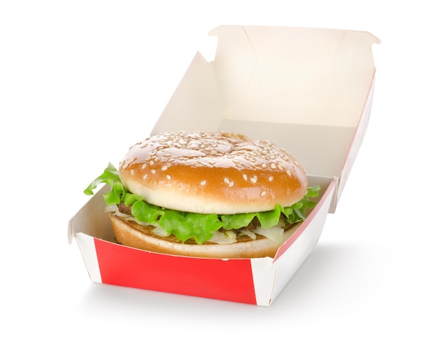 Photo hamburger in package on a white background.