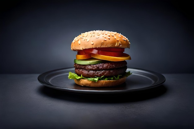 A hamburger on a plate with a dark background