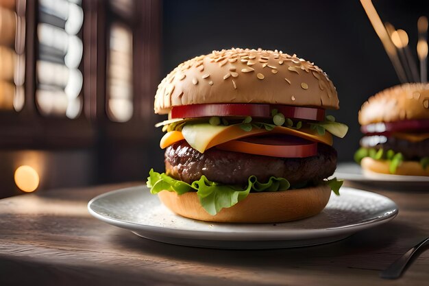 A hamburger on a plate