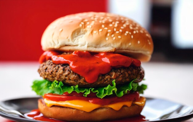 Hamburger on a red background Fast food Toned