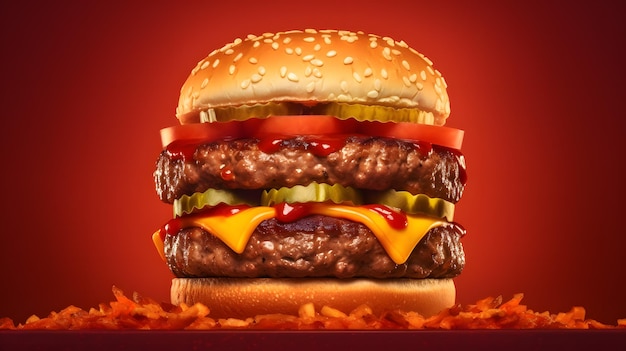 Гамбургер на красном фоне, сделанный с помощью ИИ