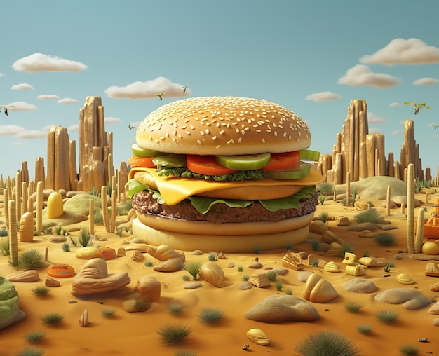 A hamburger sits in the desert with a blue sky on background