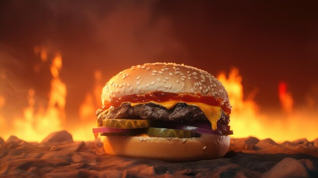 A hamburger sits on a fire background with the words " burger " on the top.