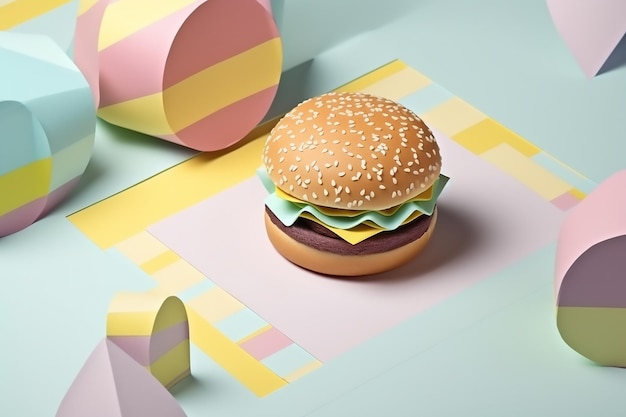 A hamburger sits on a pink and yellow paper