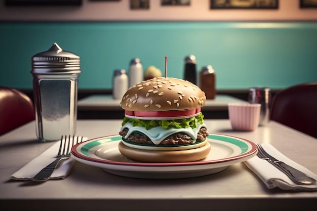 A hamburger sits on a plate with a fork and knife on the table