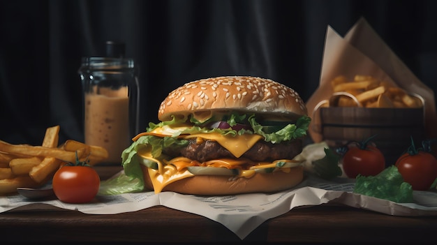 A hamburger sits on a table with a jar of french fries and a jar of ketchup.