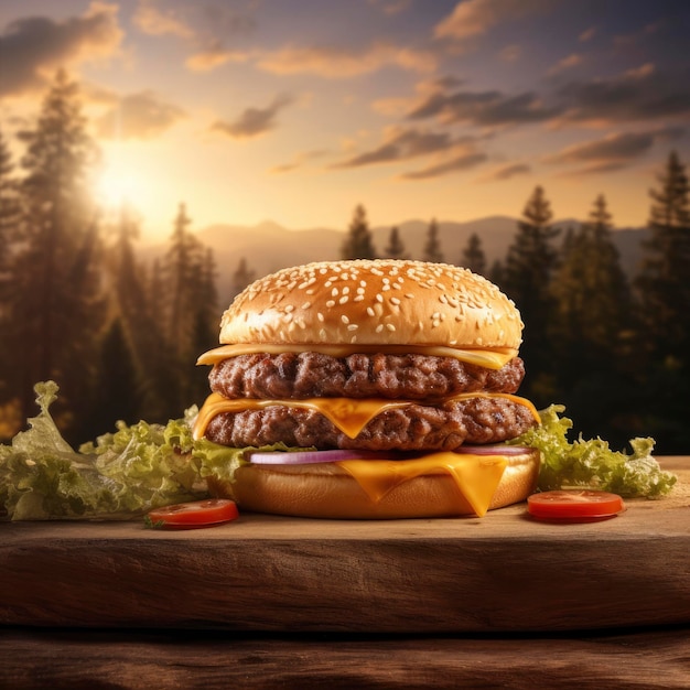 A hamburger sitting on top of a wooden table