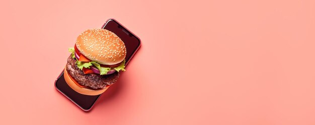 ハンバーガーとスマートフォンのファーストフードのオンライン配信コンセプトのパノラマレイアウト Generative Ai