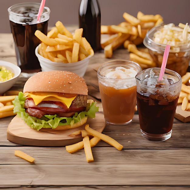 a hamburger and some fries are on a table with a bottle of soda