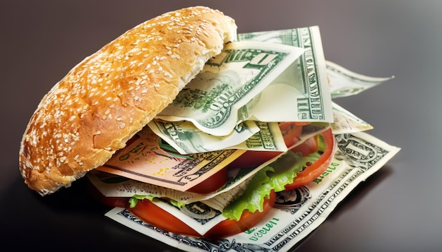 Foto un hamburger ripieno di soldi
