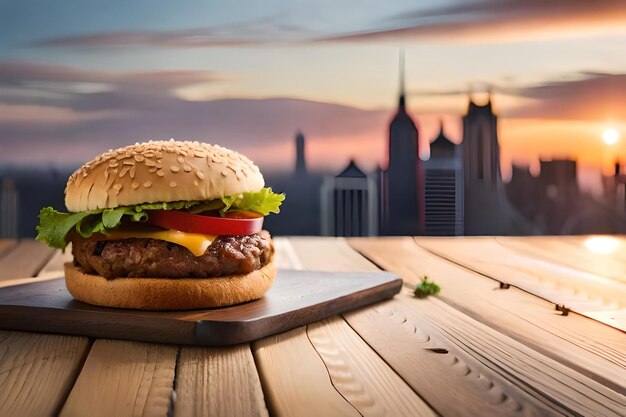 街を背景にテーブルに置かれたハンバーガー。