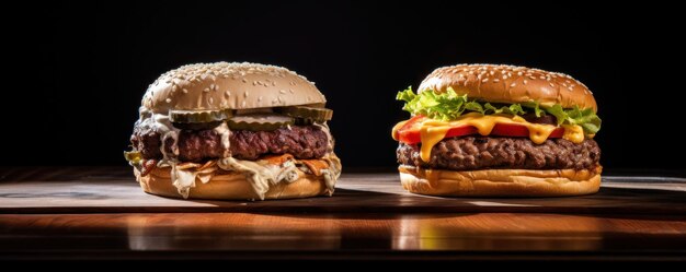 A hamburger on top of burger bun on a wooden table