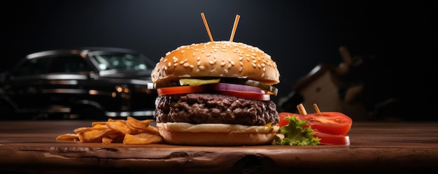 a hamburger on top of burger bun on a wooden table