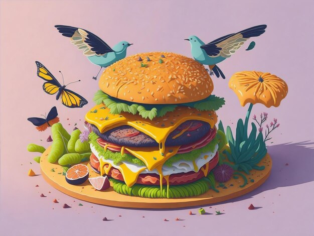 Hamburger tussen vlinders en vogels Baner illustratie AI gegenereerd