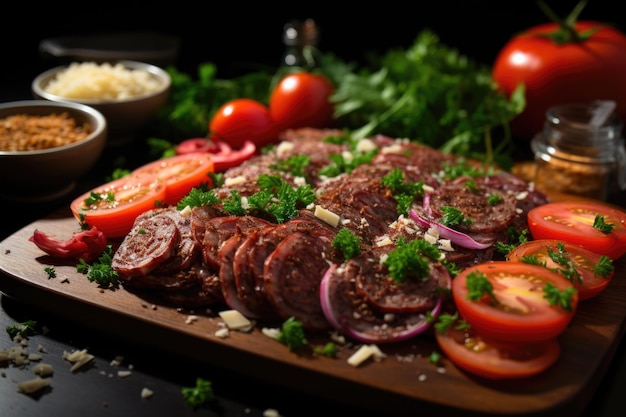 Hamburger Vlees Tomaten Uien Salade Snijd generatieve IA