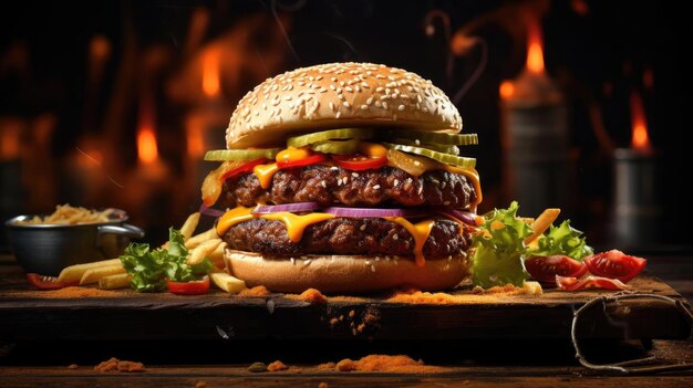 Hamburger vol vlees en groenten en gesmolten mayonaise op een houten tafel en wazige achtergrond