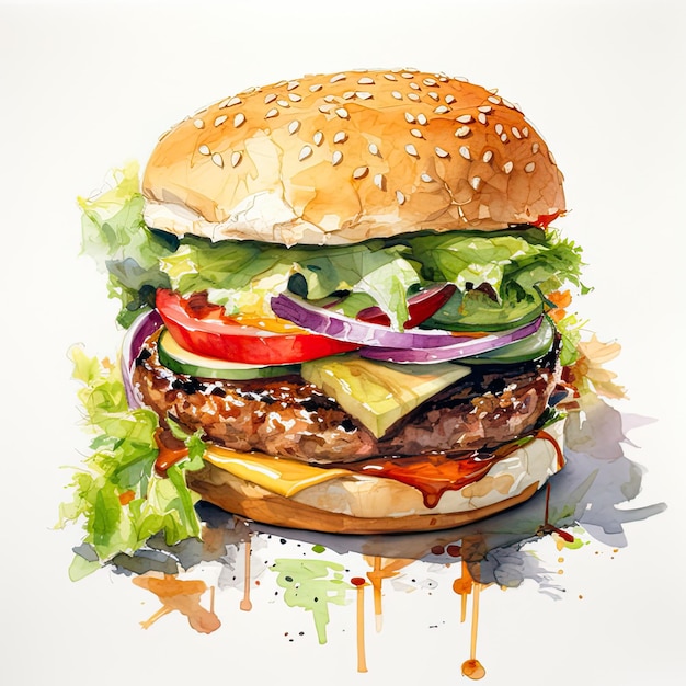 Hamburger watercolor illustration on white background