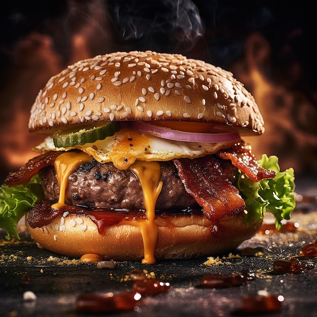 a hamburger with bacon and cheese on it is sitting on a table.