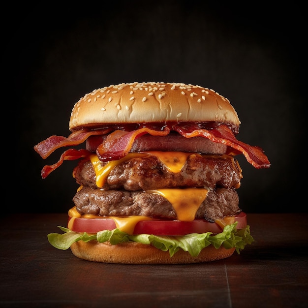 A hamburger with bacon and cheese on it is on a table.