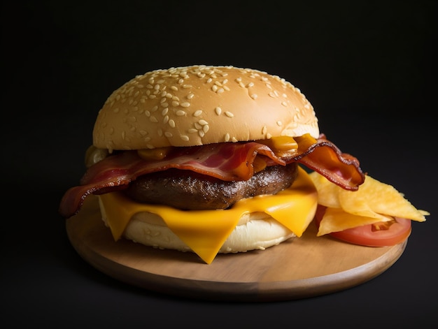 A hamburger with bacon and cheese on it