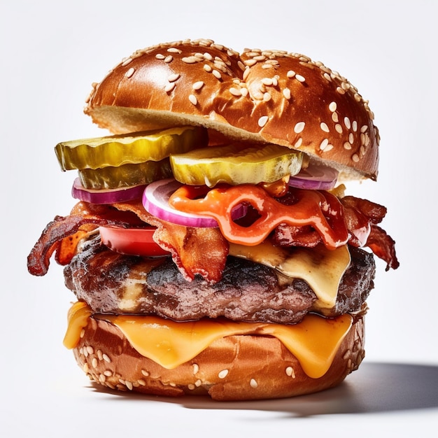 Premium AI Image | A hamburger with bacon, cheese, and onion on it.