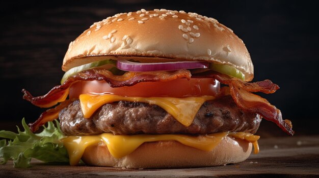 Premium Photo | A hamburger with bacon, cheese, and onions on it